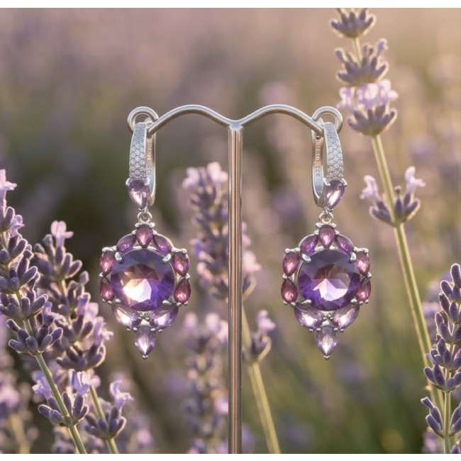 Lavender Beauty authentic 12.2 carat Amethyst .925 Sterling Silver dipped in rhodium handcrafted earrings - Amethyst earrings with lavender backdrop, front view.