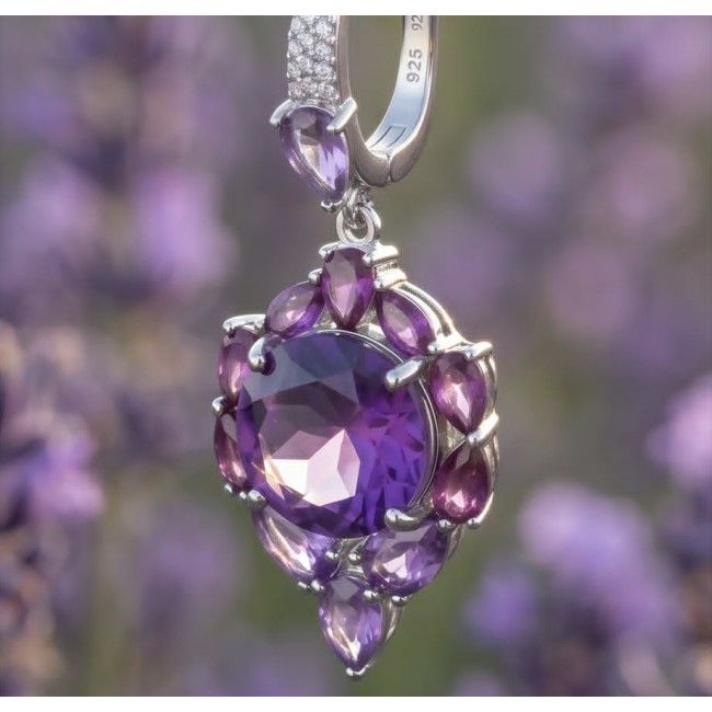 Lavender Beauty authentic 12.2 carat Amethyst .925 Sterling Silver dipped in rhodium handcrafted earrings - Stone close-up of Lavender Beauty amethyst pendant in sterling silver