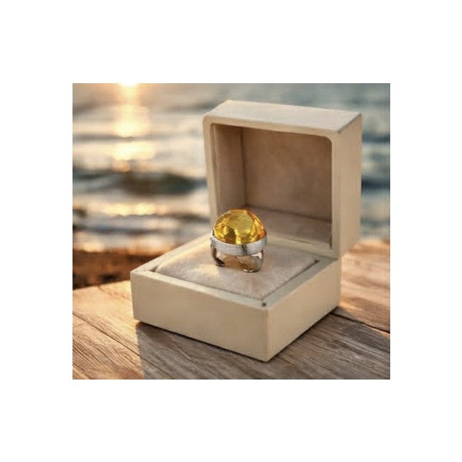 Beauty of the Sea -Modern design Natural faceted Baltic Amber .925 Sterling Silver handcrafted ring; s. 7 adjustable - Ring in open box with large yellow stone, ocean sunset in background.