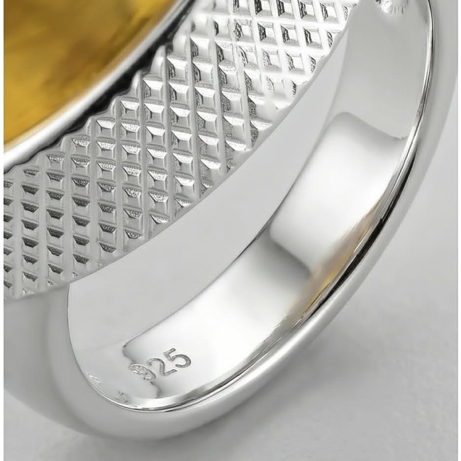Beauty of the Sea -Modern design Natural faceted Baltic Amber .925 Sterling Silver handcrafted ring; s. 7 adjustable - Close-up of ring with textured silver and natural amber stone.