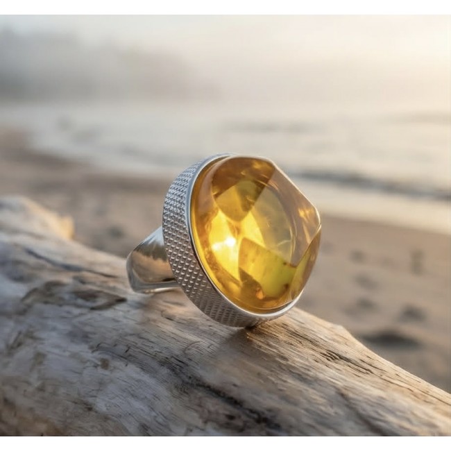 Beauty of the Sea -Modern design Natural faceted Baltic Amber .925 Sterling Silver handcrafted ring; s. 7 adjustable - Close-up of a ring with natural faceted yellow stone on driftwood.