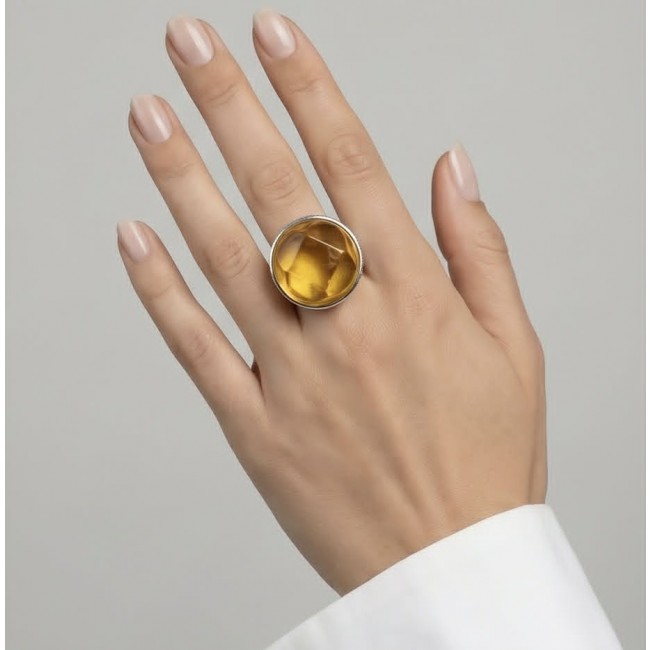 Beauty of the Sea -Modern design Natural faceted Baltic Amber .925 Sterling Silver handcrafted ring; s. 7 adjustable - Hand wearing Beauty of the Sea ring with yellow Baltic amber stone
