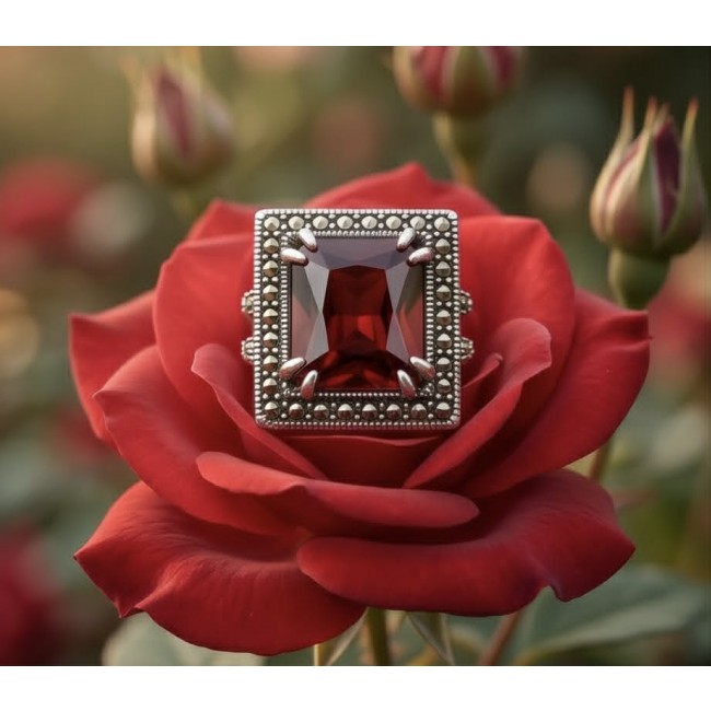Carmen 10.4 carat Garnet .925 Sterling Silver dipped in rhodium brilliantly handcrafted Statement Ring size 8 - Close-up of Carmen garnet ring on a red rose.