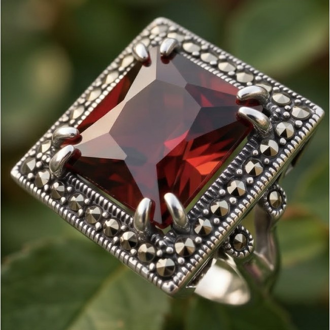 Carmen 10.4 carat Garnet .925 Sterling Silver dipped in rhodium brilliantly handcrafted Statement Ring size 8 - Close-up of Carmen garnet ring in sterling silver with intricate design