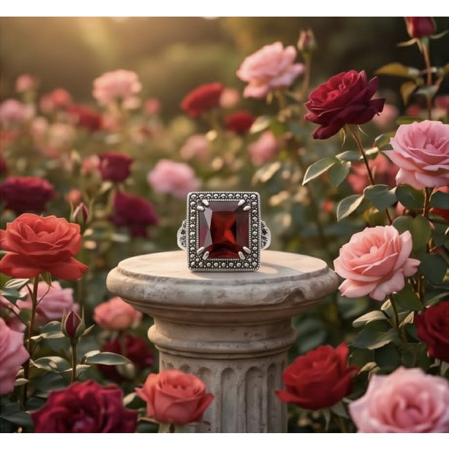 Carmen 10.4 carat Garnet .925 Sterling Silver dipped in rhodium brilliantly handcrafted Statement Ring size 8 - Close-up of Carmen garnet ring on pedestal amidst blooming roses.
