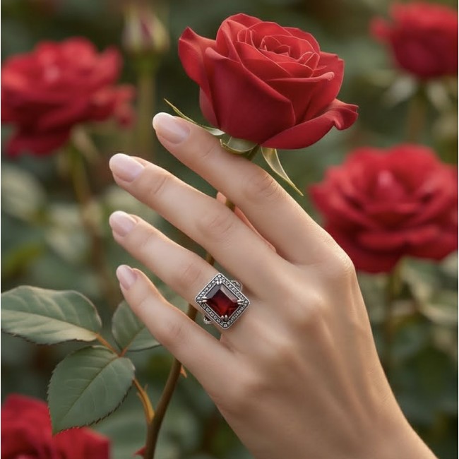 Carmen 10.4 carat Garnet .925 Sterling Silver dipped in rhodium brilliantly handcrafted Statement Ring size 8 - Hand wearing Carmen garnet ring among red roses, close-up.