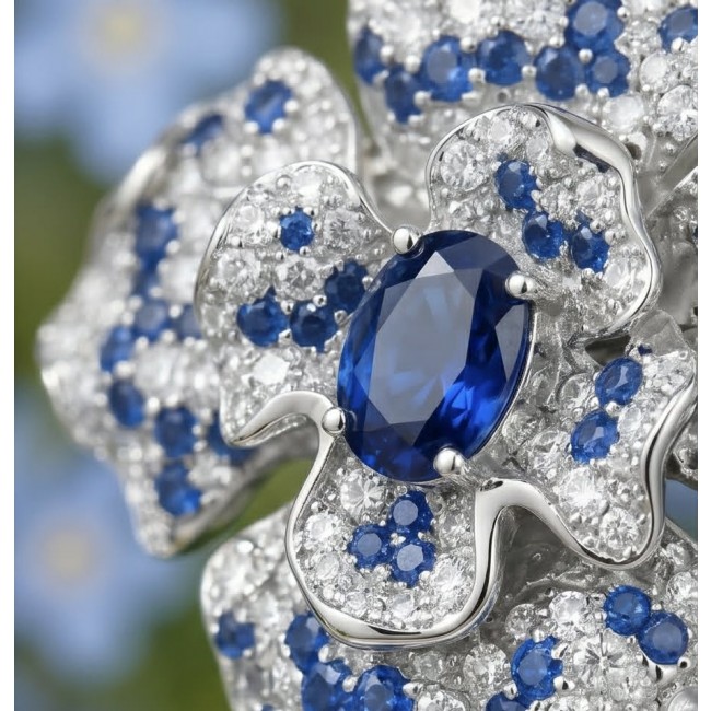 Oceania - 9.5 carat Sapphire .925 Sterling Silver dipped in Rhodium handmade Statement earrings - Close-up of sapphire and diamond flower jewelry in sterling silver.