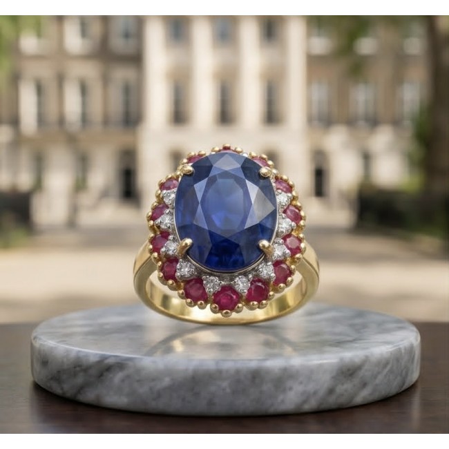 Precious Design oval cut 11.7 CARAT Tanzanite 22K Gold over .925 Sterling Silver Statement Ring s. 7 1/2 - Close-up of oval cut tanzanite ring with ruby and diamond halo.