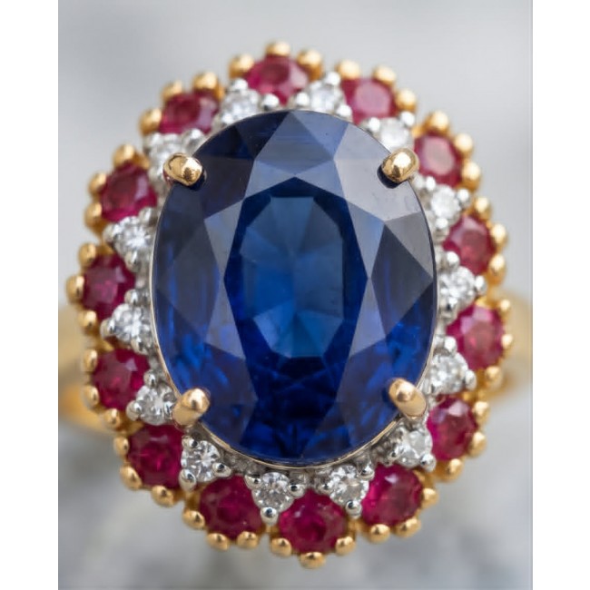 Precious Design oval cut 11.7 CARAT Tanzanite 22K Gold over .925 Sterling Silver Statement Ring s. 7 1/2 - Close-up of oval-cut tanzanite ring with ruby and diamond accents.