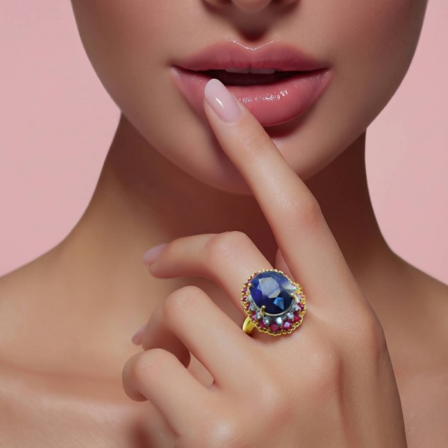 Precious Design oval cut 11.7 CARAT Tanzanite 22K Gold over .925 Sterling Silver Statement Ring s. 7 1/2 - Close-up of Tanzanite ring in 22K gold worn on hand.