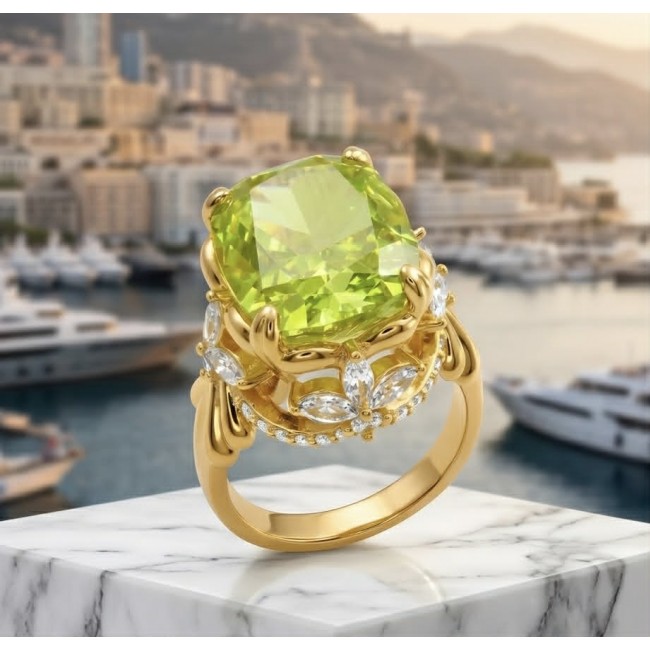 Costa del Sol 10.4 carat Lemon Quartz 18K Gold over .925 Sterling Silver handcrafted ring size 7 - Close-up of Costa del Sol 10.4 carat Lemon Quartz ring on marble surface.