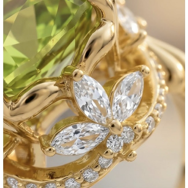 Costa del Sol 10.4 carat Lemon Quartz 18K Gold over .925 Sterling Silver handcrafted ring size 7 - Close-up of Costa del Sol ring with lemon quartz and diamond accents.