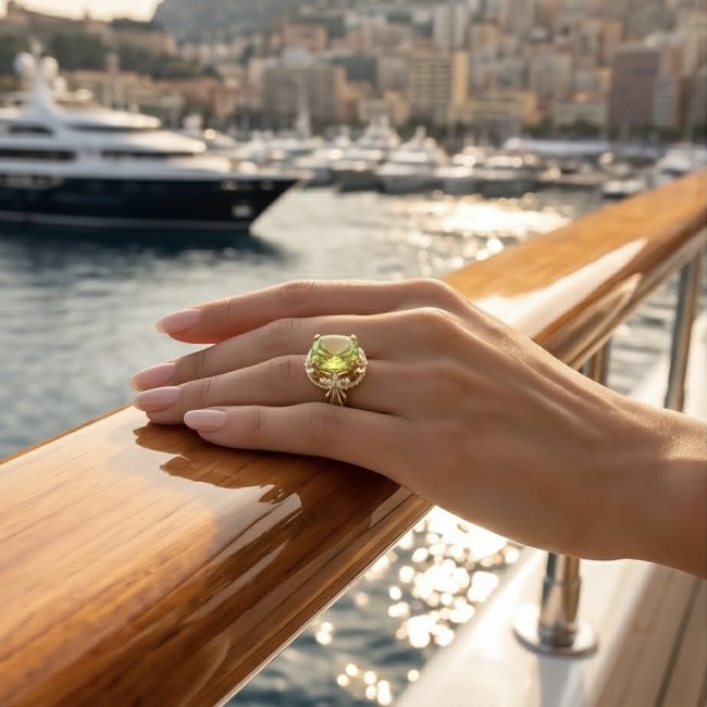 Costa del Sol 10.4 carat Lemon Quartz 18K Gold over .925 Sterling Silver handcrafted ring size 7 - Lemon Quartz ring on hand with yacht-filled harbor background.