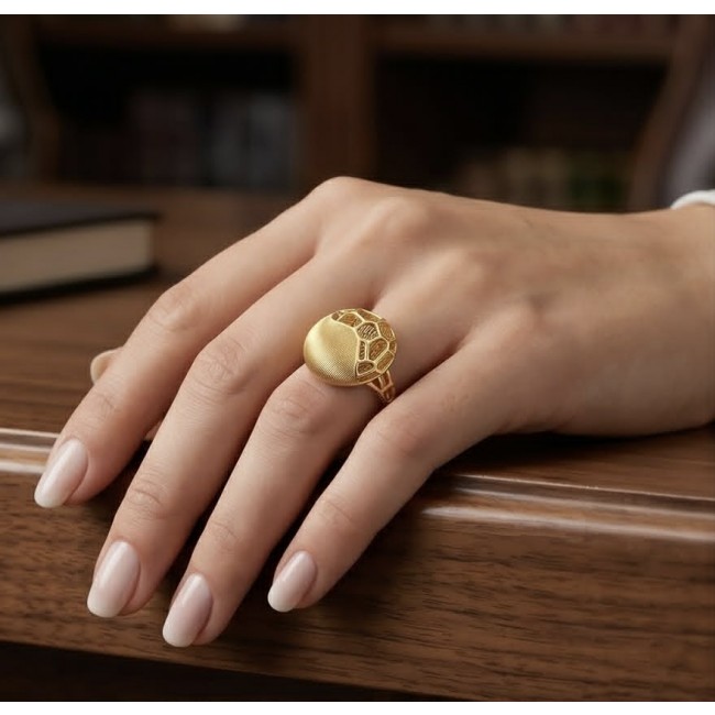 Dubai Style .925 Sterling Silver dipped in 22K Gold handmade Large ring size 7 1/4 - Dubai Style gold ring on hand, top view displaying intricate design.