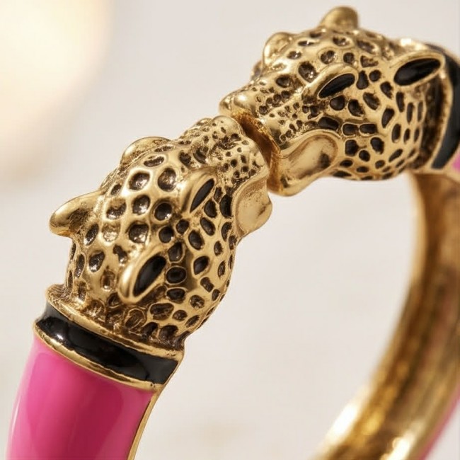 Neon Pink - Enamel Leopard Head Vintage style Luxurious Bangle Bracelet - photo 2