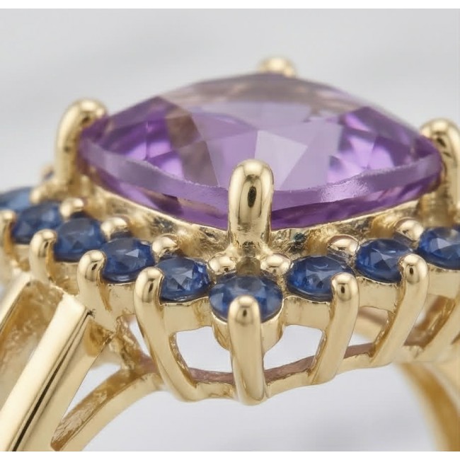 Julietta 5.5 carat Amethyst Sapphire 18K Gold over .925 Sterling Silver HANDCRAFTED Ring s. 8 - Close-up of amethyst and sapphire ring in 18K gold setting