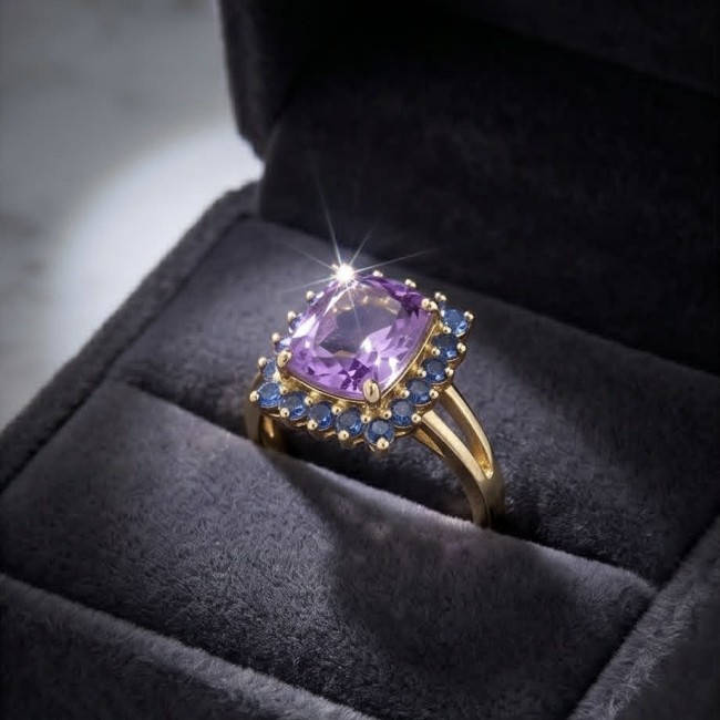 Julietta 5.5 carat Amethyst Sapphire 18K Gold over .925 Sterling Silver HANDCRAFTED Ring s. 8 - Side view of Julietta amethyst sapphire ring in gold setting box.