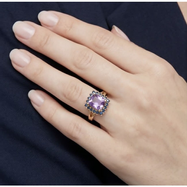 Julietta 5.5 carat Amethyst Sapphire 18K Gold over .925 Sterling Silver HANDCRAFTED Ring s. 8 - Amethyst and sapphire ring on hand, front view.