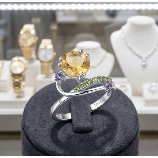 Golden Treasure 4.5 carat Citrine .925 Sterling Silver Handcrafted Ring size 8 - Close-up of citrine ring on display; .925 sterling silver with accents.