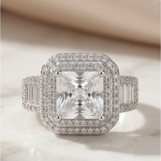 Classic Beauty assher cut 8.5 carat White Topaz .925 Sterling Silver Statement ring size 7 1/4 - Close-up of Classic Beauty Asscher cut 8.5 carat white topaz ring.