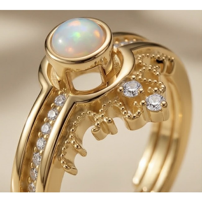 Golden Galaxy Genuine 2.8 carat Opal 14K Gold over .925 Sterling Silver handmade Ring size 7 - Opal gold ring close-up with diamond accents and intricate design.