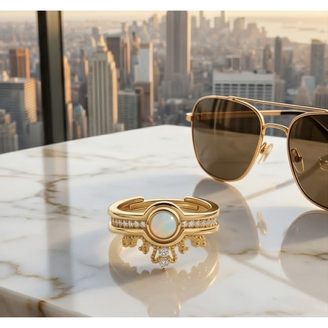 Golden Galaxy Genuine 2.8 carat Opal 14K Gold over .925 Sterling Silver handmade Ring size 7 - Golden opal ring with sunglasses, city skyline in the background.