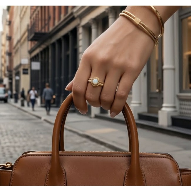 Golden Galaxy Genuine 2.8 carat Opal 14K Gold over .925 Sterling Silver handmade Ring size 7 - Opal ring on hand holding brown bag; city street background.