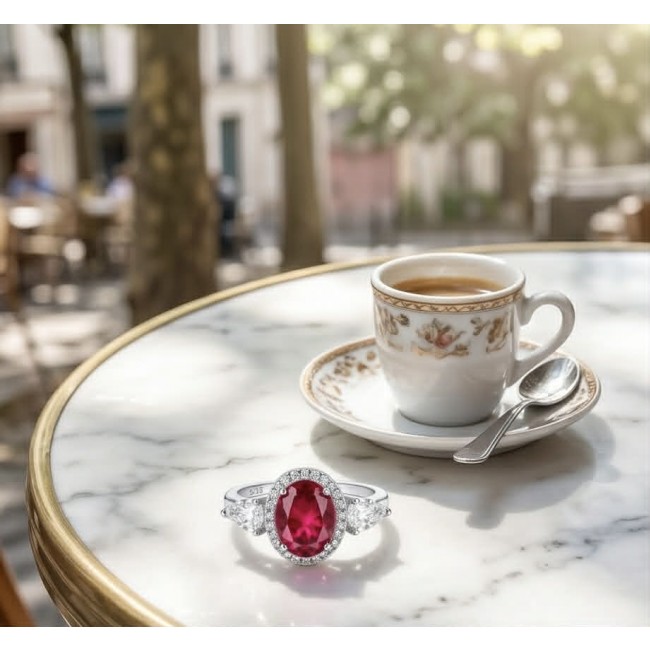 Tiffany 2.5 carat Ruby .925 Sterling Silver handcrafted incredible ring s. 8 - Ruby ring on marble table with coffee cup, side view close-up.