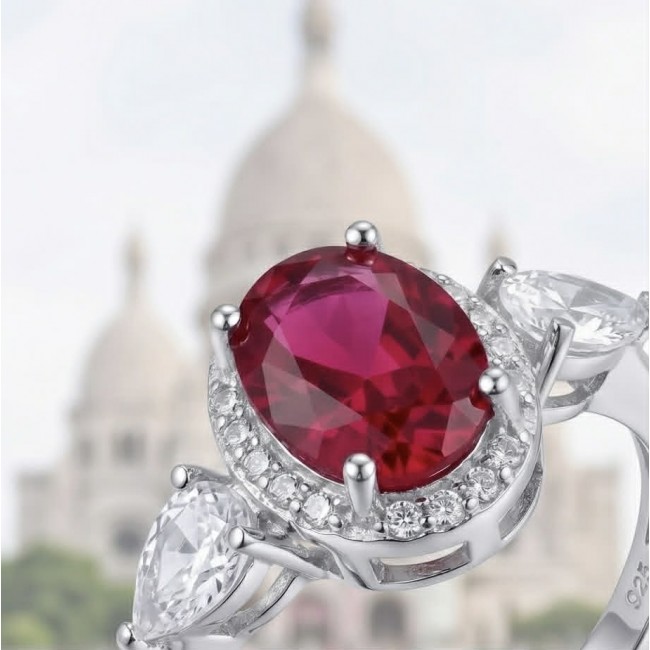 Tiffany 2.5 carat Ruby .925 Sterling Silver handcrafted incredible ring s. 8 - Close-up of ruby ring with diamond accents, sterling silver setting.