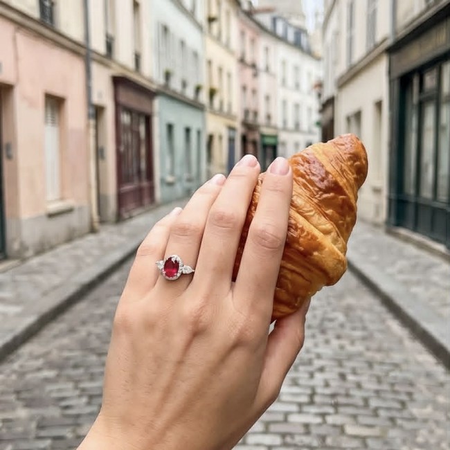 Tiffany 2.5 carat Ruby .925 Sterling Silver handcrafted incredible ring s. 8 - Ruby ring on hand holding croissant in a European street scene.