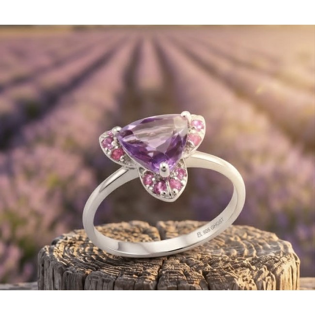 Purple Queen trillion cut 3.9 carat Amethyst .925 Sterling Silver Handcrafted Ring size 8 - Amethyst ring on wood, close-up, purple gems, lavender field background.