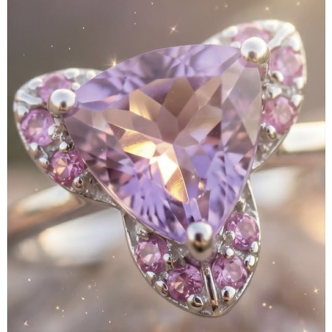 Purple Queen trillion cut 3.9 carat Amethyst .925 Sterling Silver Handcrafted Ring size 8 - Close-up of Purple Queen 3.9 ct Amethyst in .925 Sterling Silver setting