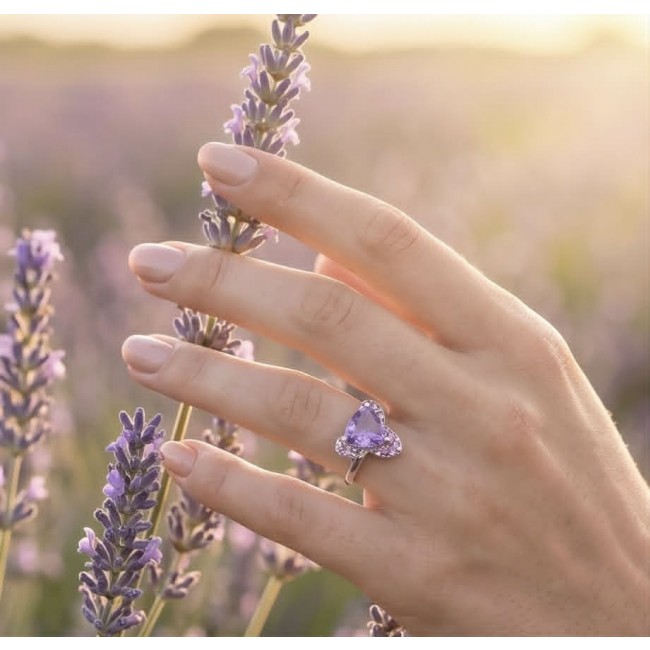 Purple Queen trillion cut 3.9 carat Amethyst .925 Sterling Silver Handcrafted Ring size 8 - Amethyst ring worn on hand, surrounded by lavender field.