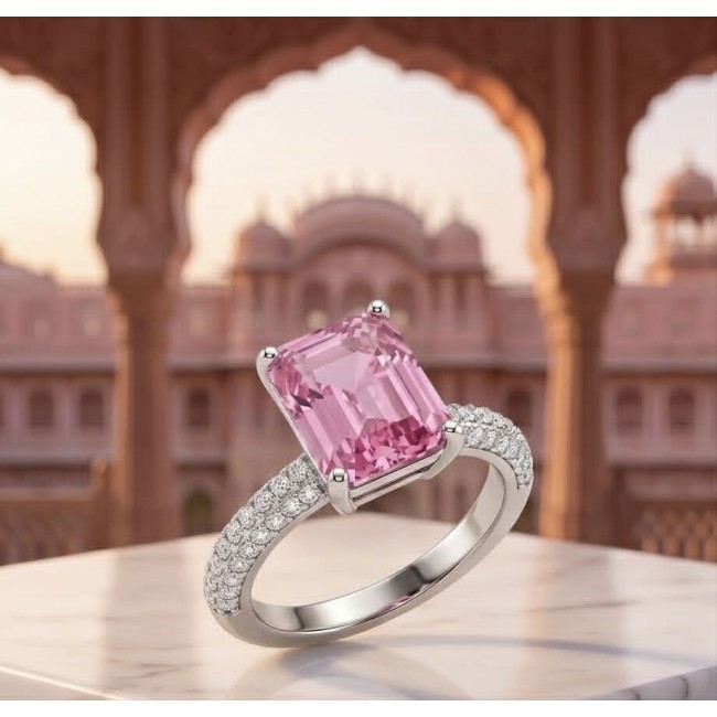 My Lovely Journey 4.8 carat Pink Sapphire .925 Sterling Silver Handcrafted Statement Ring size 8 - Close-up of pink sapphire ring on marble surface, with ornate backdrop.