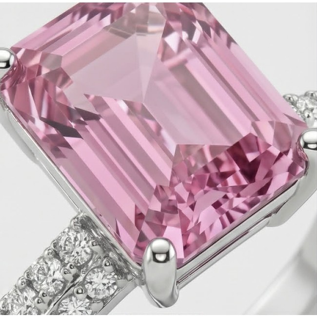 My Lovely Journey 4.8 carat Pink Sapphire .925 Sterling Silver Handcrafted Statement Ring size 8 - Close-up of pink sapphire ring on sterling silver setting with diamonds
