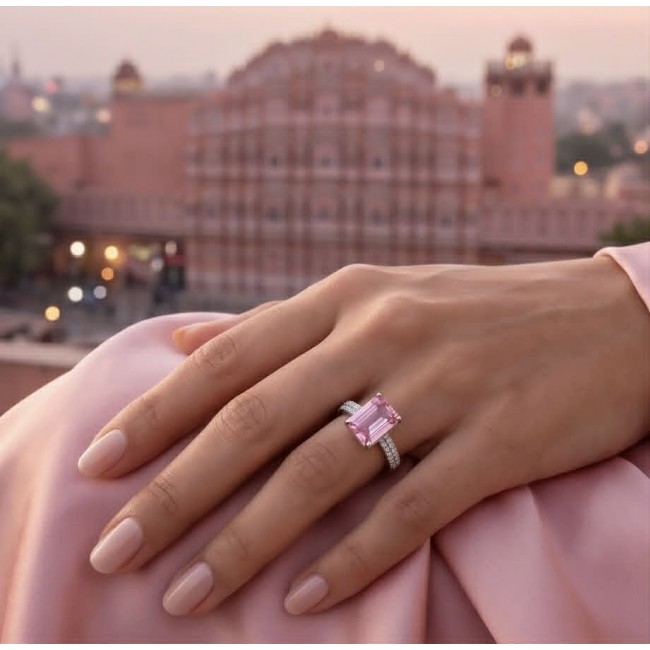 My Lovely Journey 4.8 carat Pink Sapphire .925 Sterling Silver Handcrafted Statement Ring size 8 - Pink sapphire ring worn on hand with scenic background