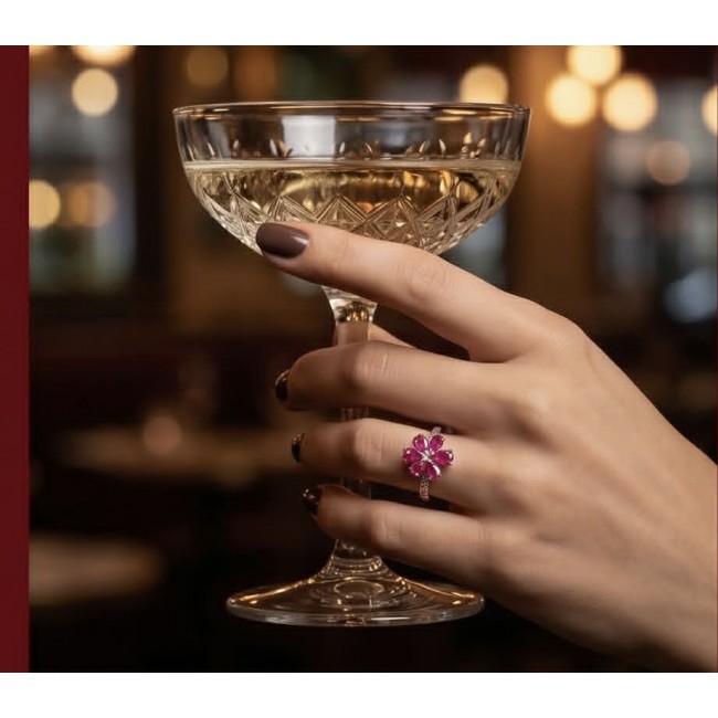 Stella - 6.9 carat Ruby .925 Sterling Silver handcrafted incredible ring s. 8 - Ruby ring worn on hand holding a champagne glass, close-up view.