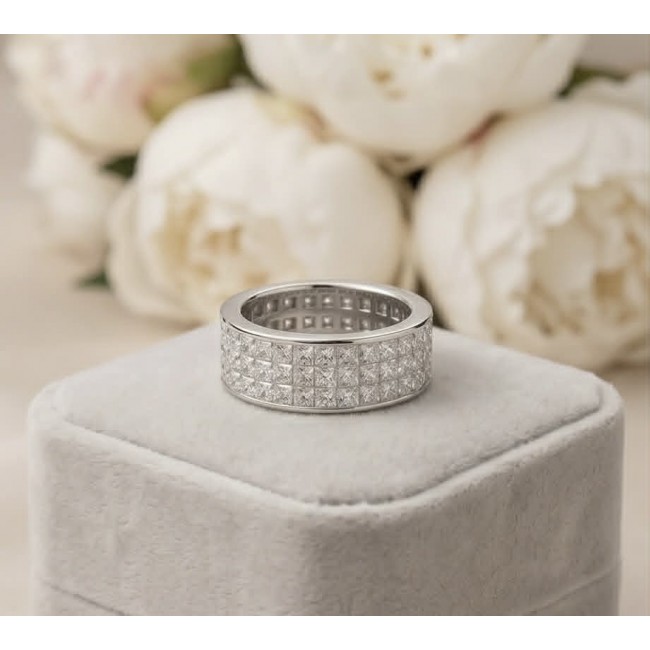 Luxurious pave 8.5 carat White Topaz .925 Sterling Silver Solid Infinity ring size 8 - Luxurious pave ring, top view, 8.5 carat white topaz on display cushion