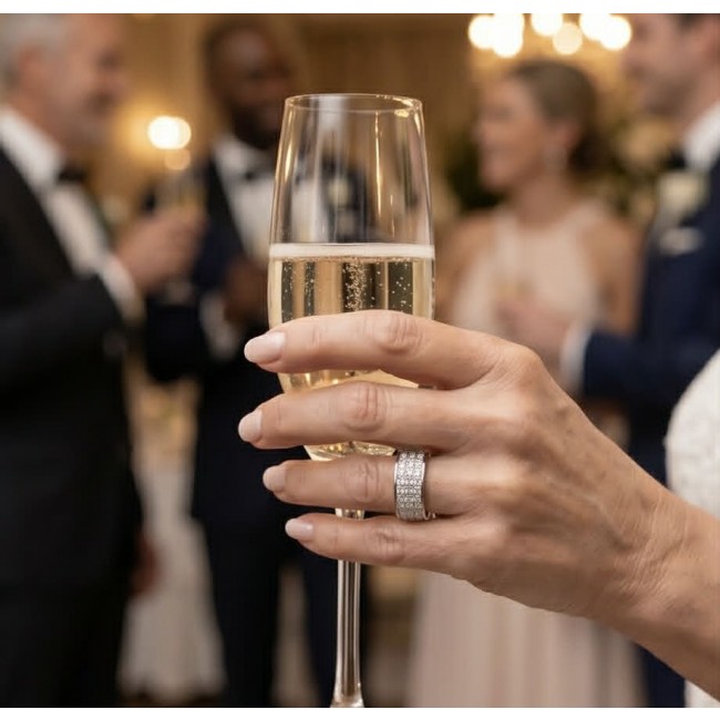 Luxurious pave 8.5 carat White Topaz .925 Sterling Silver Solid Infinity ring size 8 - Pave White Topaz ring on hand holding champagne glass at event.