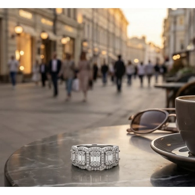 Art Deco - Classic Beauty 4.5 carat White Topaz .925 Sterling Silver Statement ring size 6 1/4 - Ring on table with blurred street background, White Topaz, 4.5 carat