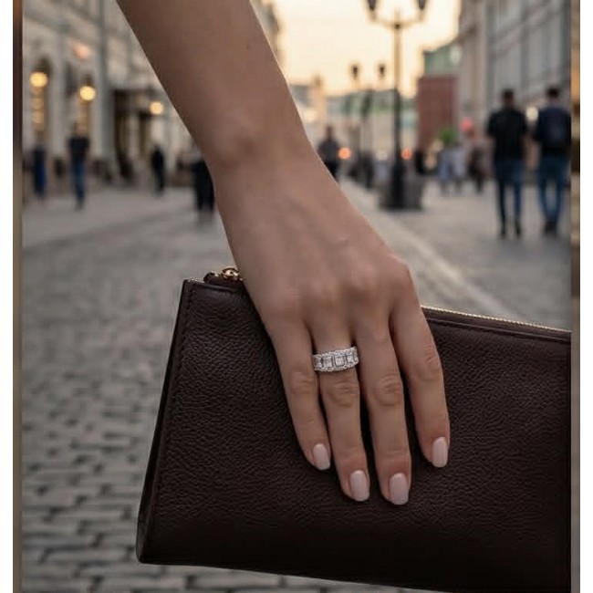 Art Deco - Classic Beauty 4.5 carat White Topaz .925 Sterling Silver Statement ring size 6 1/4 - White topaz ring, 4.5 carat, worn on hand holding a brown clutch.