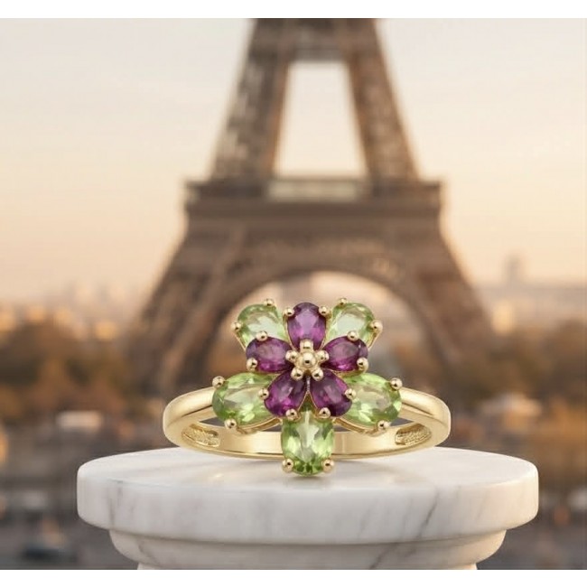 Authentic 8.9 carat Peridot 18K Gold over .925 Sterling Silver handmade Ring s. 6 - Floral ring close-up with Eiffel Tower in background