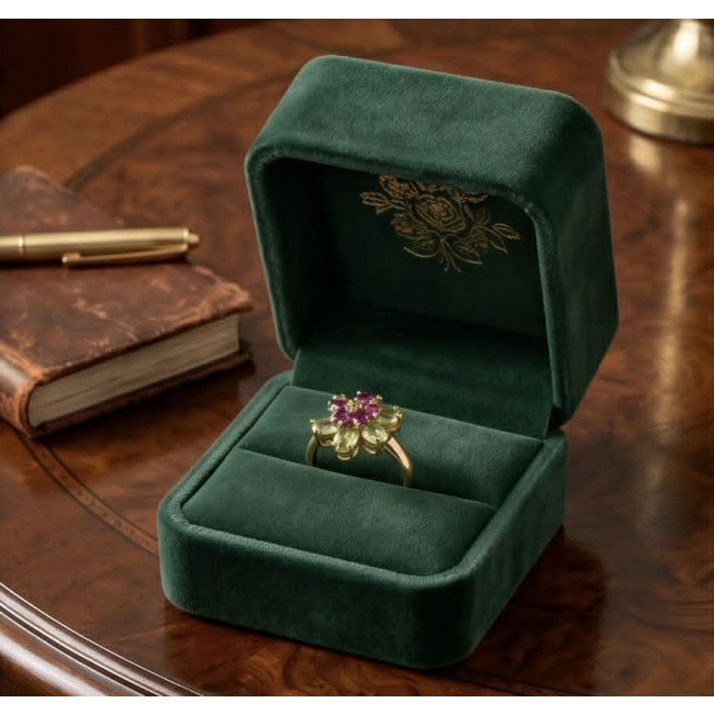 Authentic 8.9 carat Peridot 18K Gold over .925 Sterling Silver handmade Ring s. 6 - Ring in green velvet box on wooden table, top view
