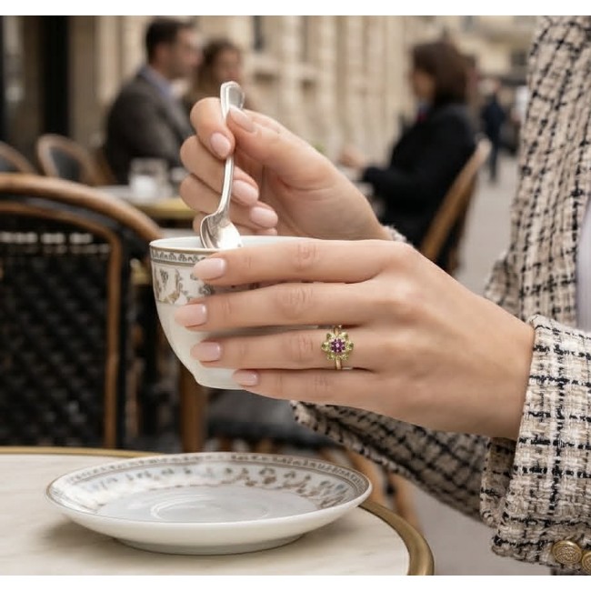 Authentic 8.9 carat Peridot 18K Gold over .925 Sterling Silver handmade Ring s. 6 - Ring worn on hand holding teacup, showcasing peridot and gold details.