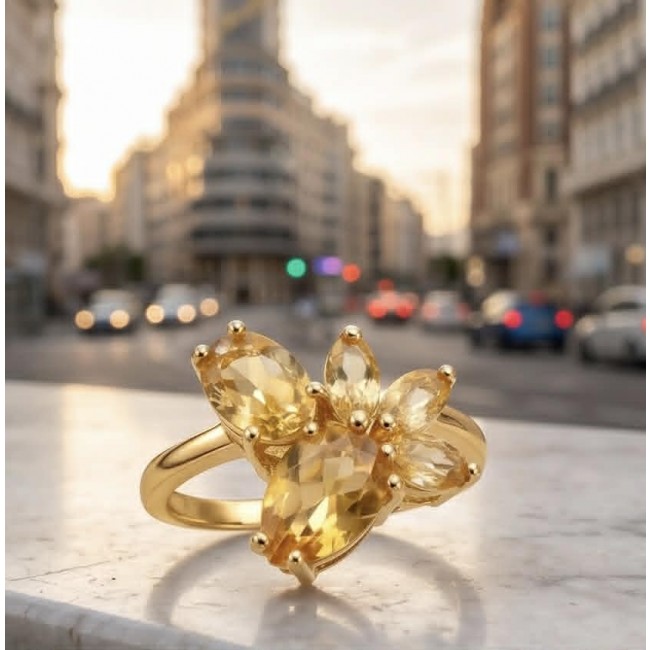 Golden Treasure 8.5 carat Brazilian Citrine 18K Gold over .925 Sterling Silver Handcrafted Ring size 8 - Close-up of 18K gold ring with Brazilian citrines on a city street backdrop.