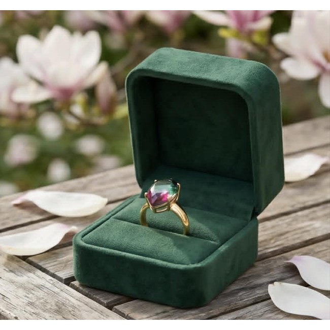 6.8 carat Brazilian Tourmaline .925 Sterling Silver dipped in 18K Gold Perfectly handcrafted Ring s. 8 adjustable - Tourmaline ring in green velvet box with petals nearby