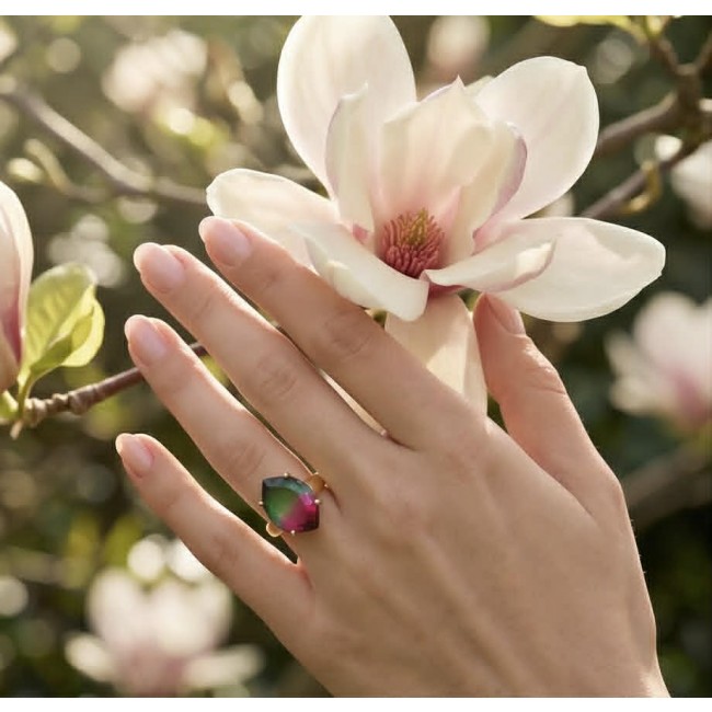 6.8 carat Brazilian Tourmaline .925 Sterling Silver dipped in 18K Gold Perfectly handcrafted Ring s. 8 adjustable - Hand wearing 6.8 carat Brazilian Tourmaline ring near magnolia flower.