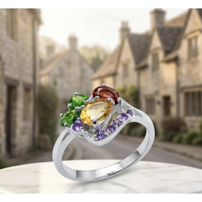 Precious Rainbow- authentic 5.2 carat multigem .925 Sterling Silver Ring size 8 - Side view of Precious Rainbow multigem ring on marble surface