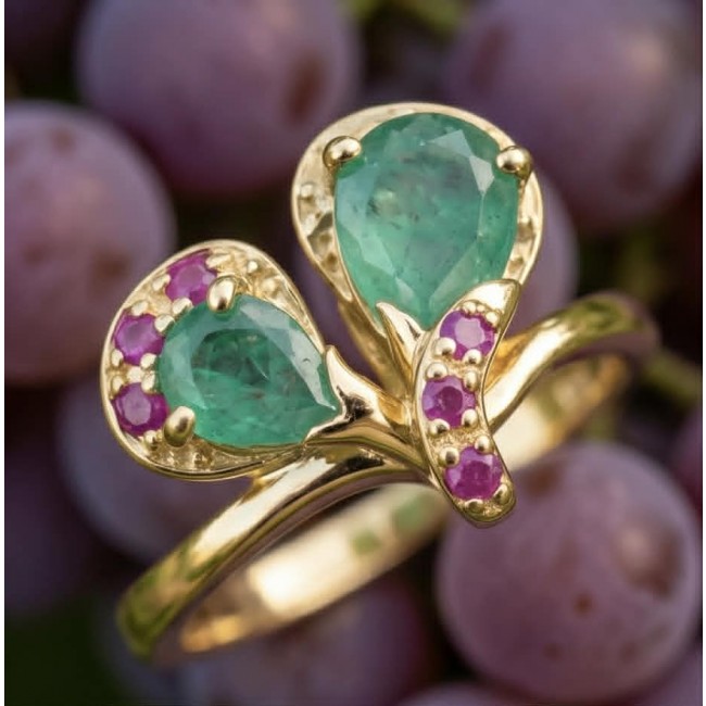 Gabriella 2.7 carat authentic Emerald 18K Gold over .925 Sterling Silver handcrafted Statement Ring size 8 - Close-up of Gabriella ring with emerald and rubies in gold setting.