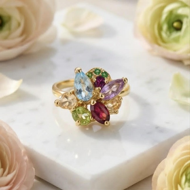 Summer - authentic 7.5 carat multigem 18K Gold .925 Sterling Silver Ring size 8 - Colorful multigem ring on marble, top view, surrounded by flowers.